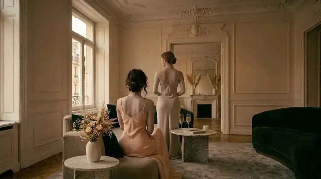 Dos mujeres elegantes con vestidos de satén en un salón señorial de diseño premium en l'Eixample